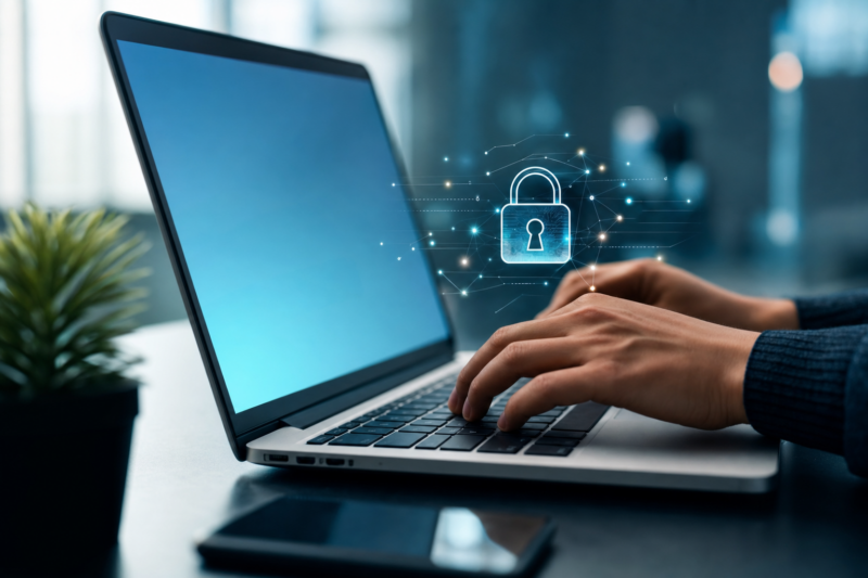 Close modern shot of a laptop on a desk with hands typing, a small padlock secure-connection motif glowing in cool blue cybersecurity tones, blank screen.